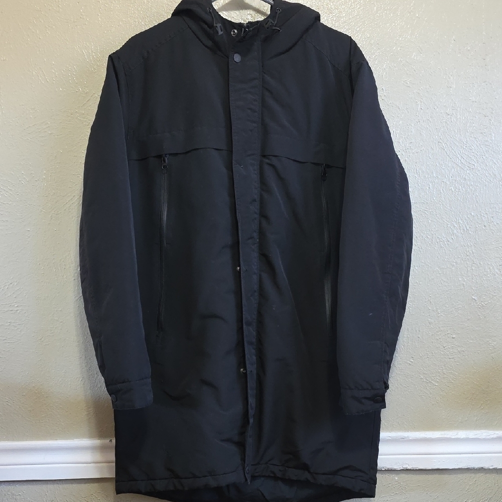 Andrew Marc Black Hooded Long Jacket Women's Size Medium Quilted Lining‎ Winter